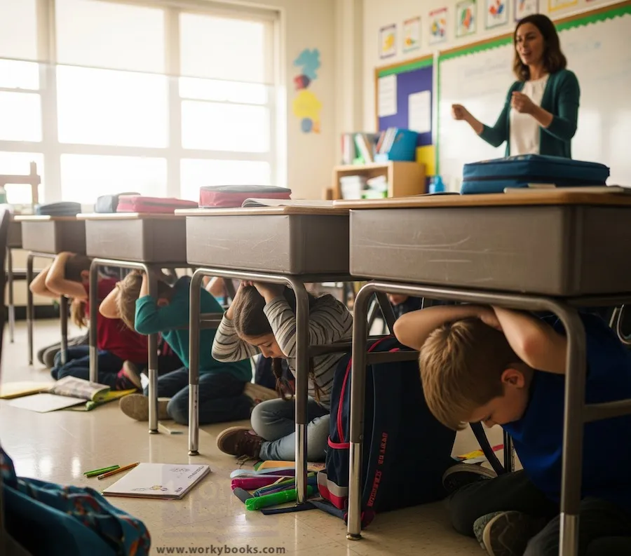 A classroom of students and a teacher during an earthquake drill.